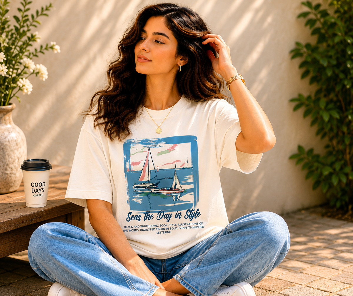 Women Seas the Day Sailboat Graphic Oversized T-Shirt