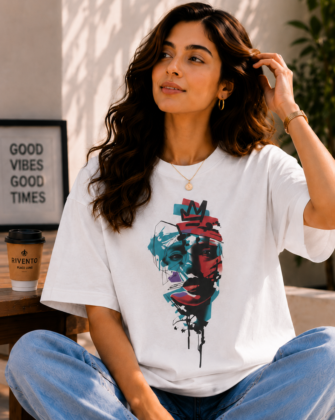 Women Urban Crown Abstract Face Oversized Graphic T-Shirt