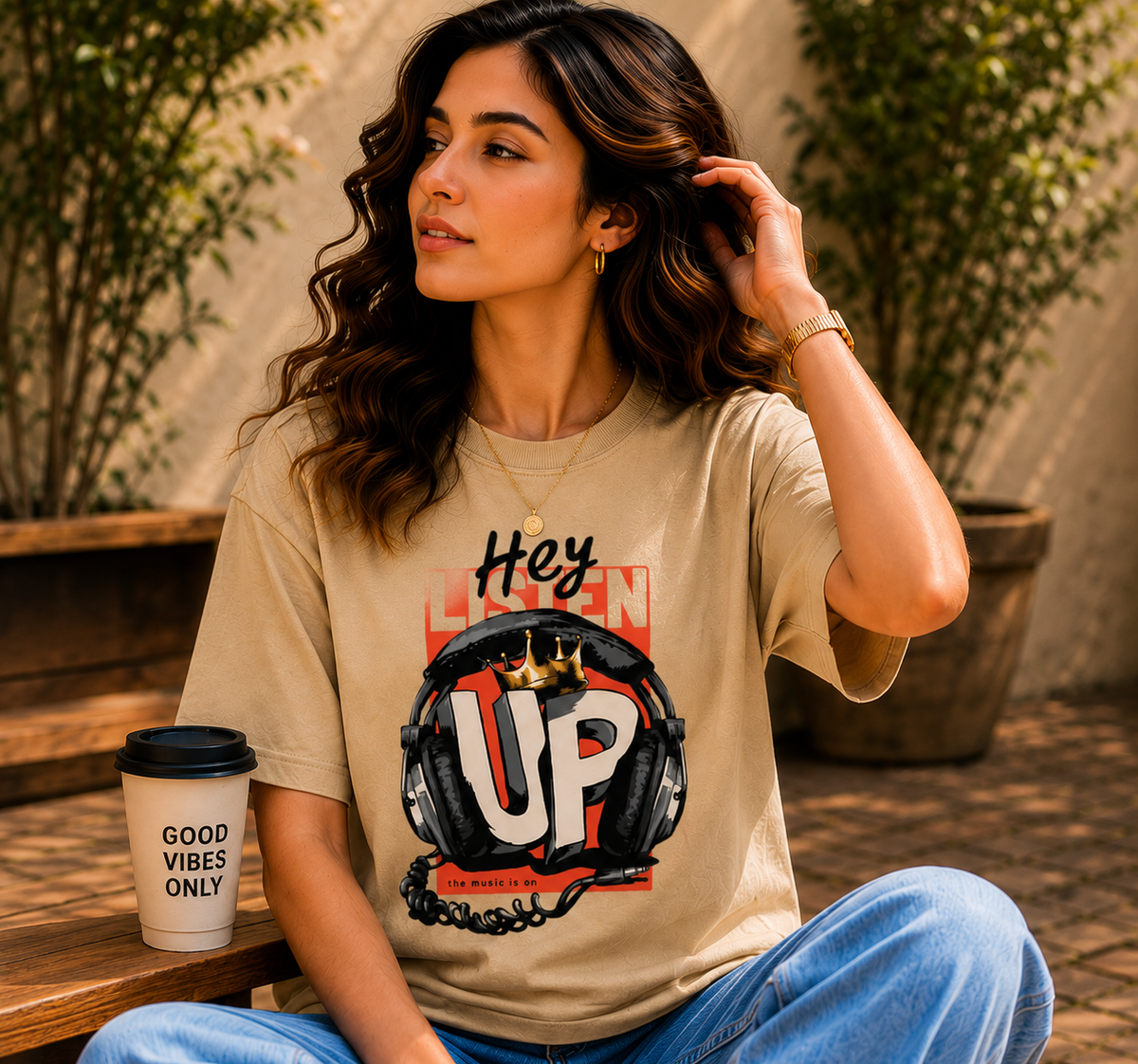 Women Urban Beats Headphone Oversized Tee