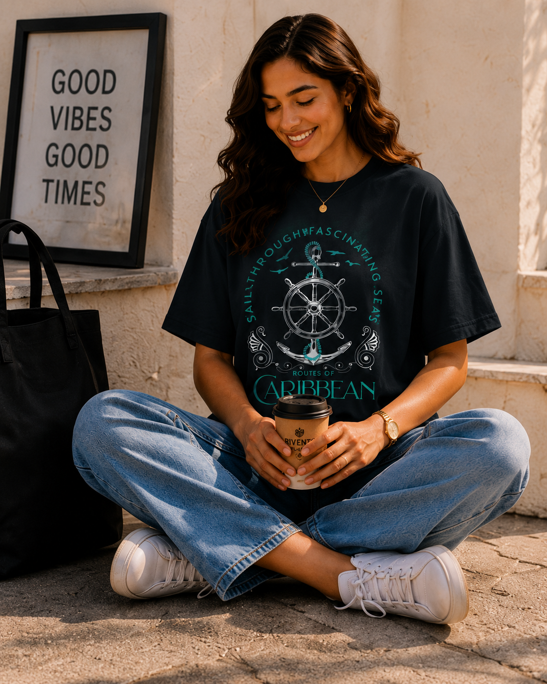 Women Routes Of Caribbean Sailing Oversized Graphic T-Shirt