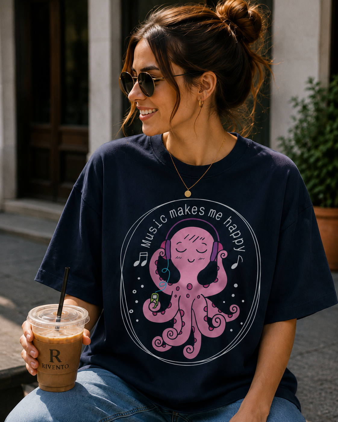 Women Cute Octopus Music Theme Oversized T-Shirt