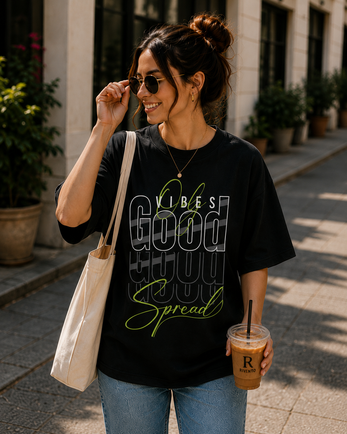 Women Spread Good Vibes Typography Graphic Oversized T-Shirt