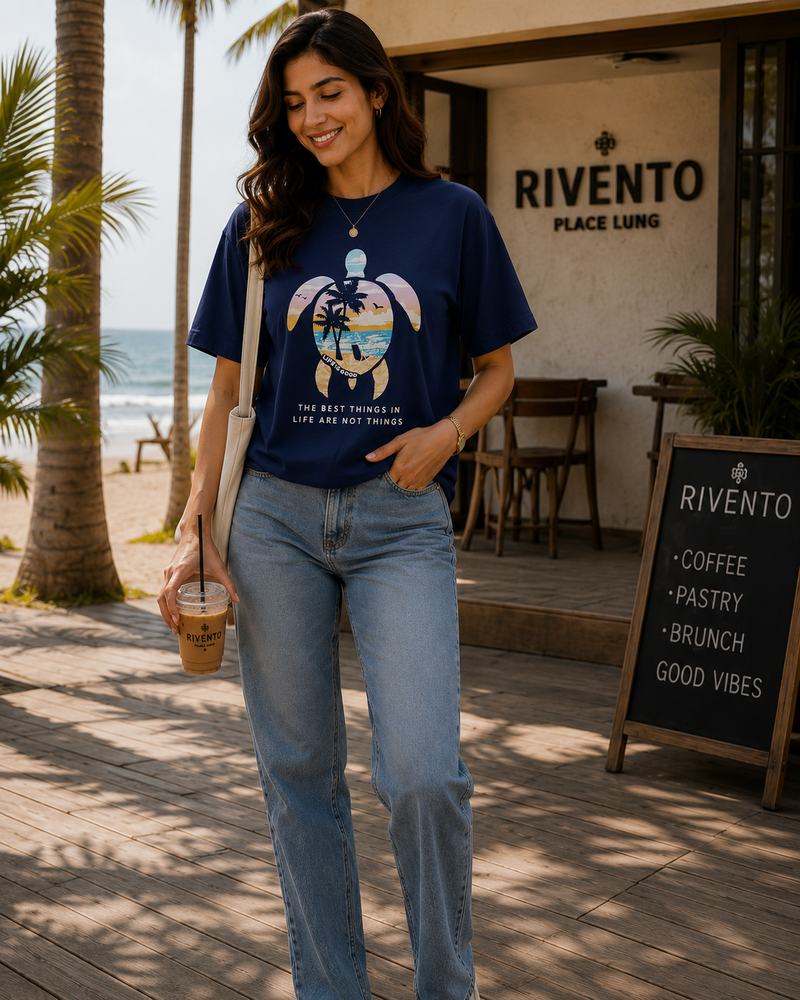 Women Coastal Turtle Paradise Oversized T-Shirt