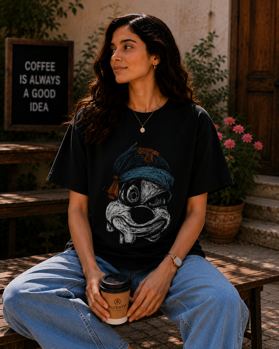Women Shadow Smile Oversized T-Shirt