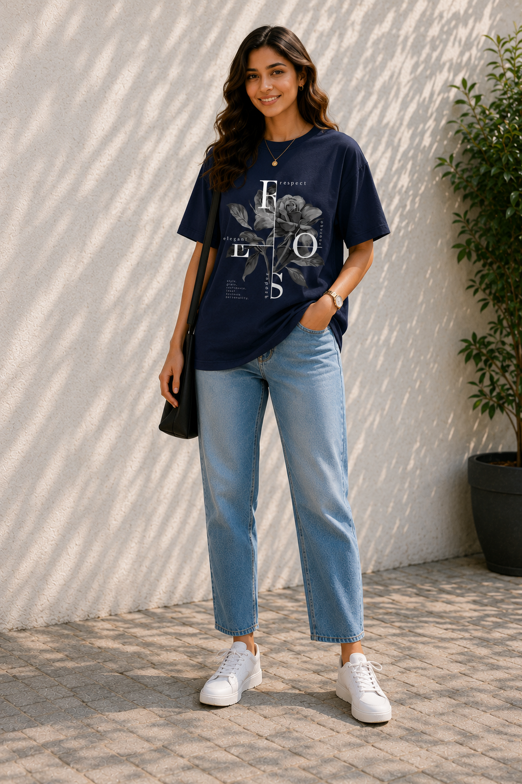 Women Monochrome Rose Aesthetic Oversized T-Shirt