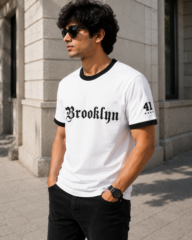 Brooklyn White Men's Classic Fit Contrast Neck T-Shirt