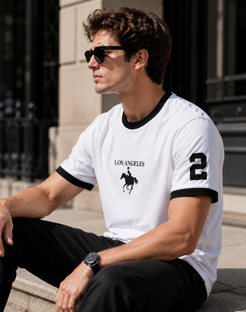 Los Angeles White Men's Classic Fit Contrast Neck T-Shirt