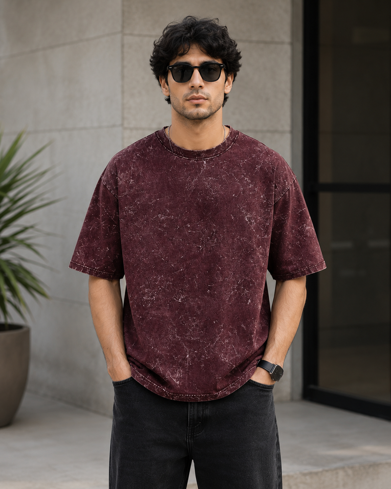 Crimson Drift Maroon Acid Wash Men's Oversized T-Shirt