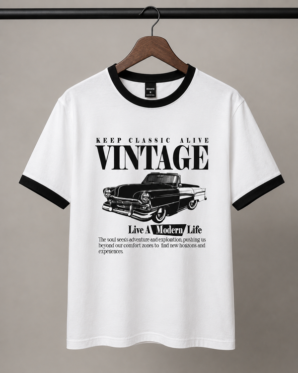 Vintage Garage White Men's Classic Fit Contrast Neck T-Shirt