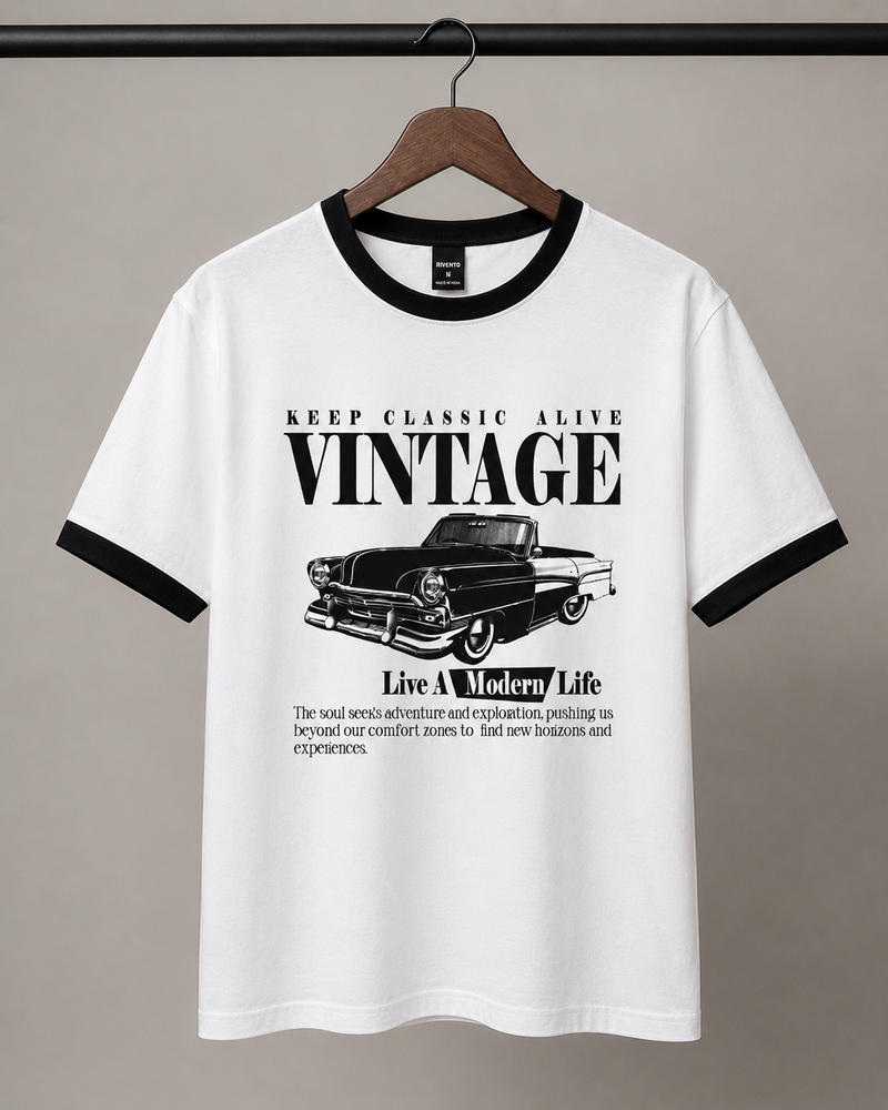 Vintage Garage White Men's Classic Fit Contrast Neck T-Shirt
