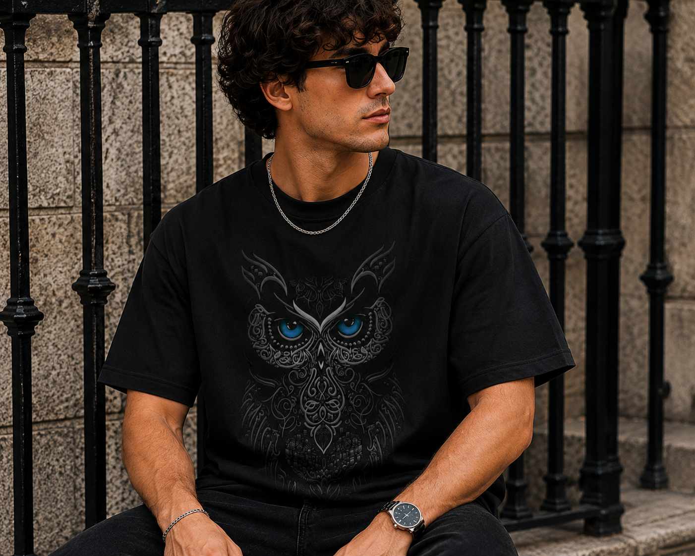 Midnight Guardian Owl Oversized Graphic T-Shirt for Men
