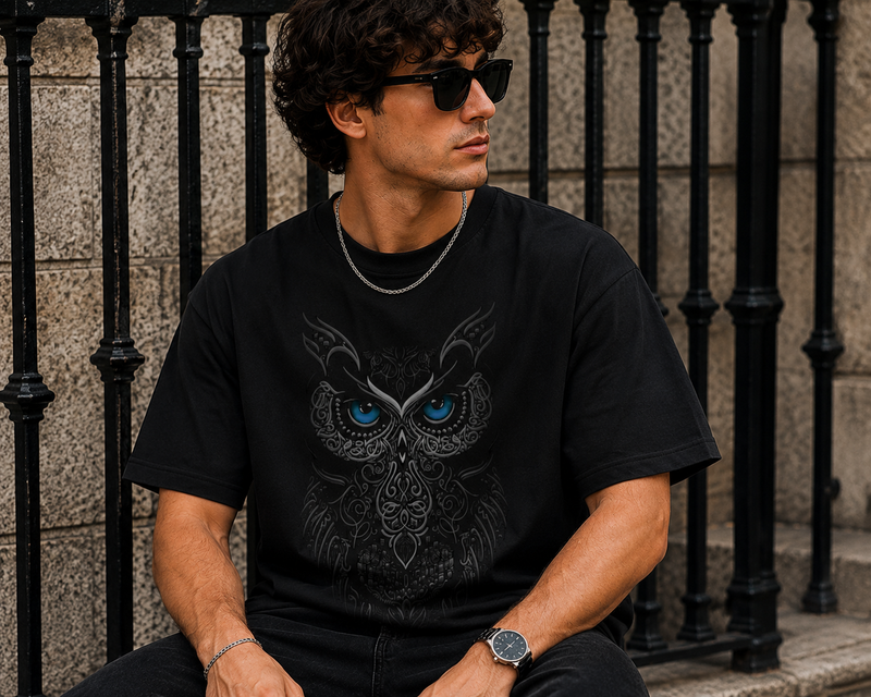 Midnight Guardian Owl Oversized Graphic T-Shirt for Men