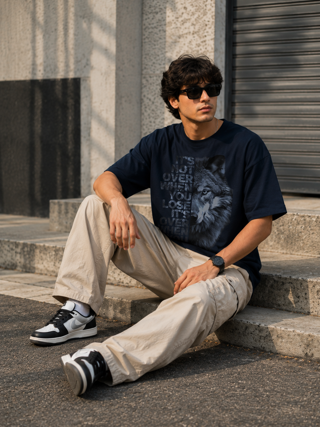 Never Give Up Wolf Graphic Oversized T-Shirt for Men