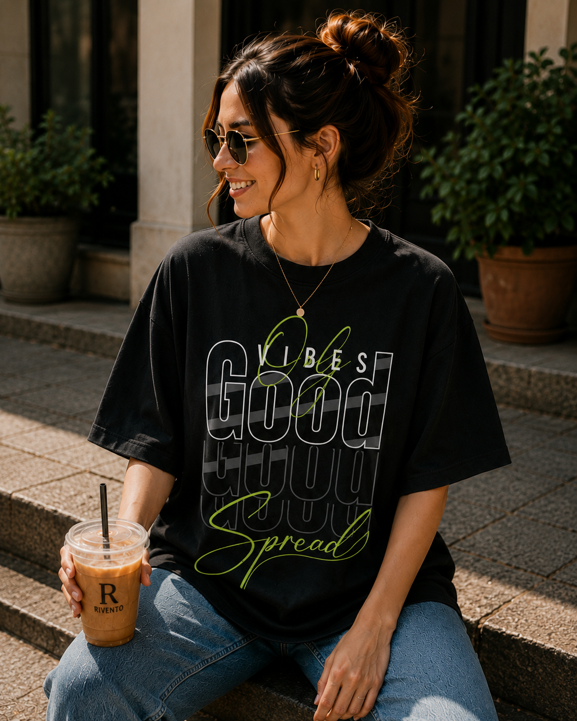 Women Spread Good Vibes Typography Graphic Oversized T-Shirt