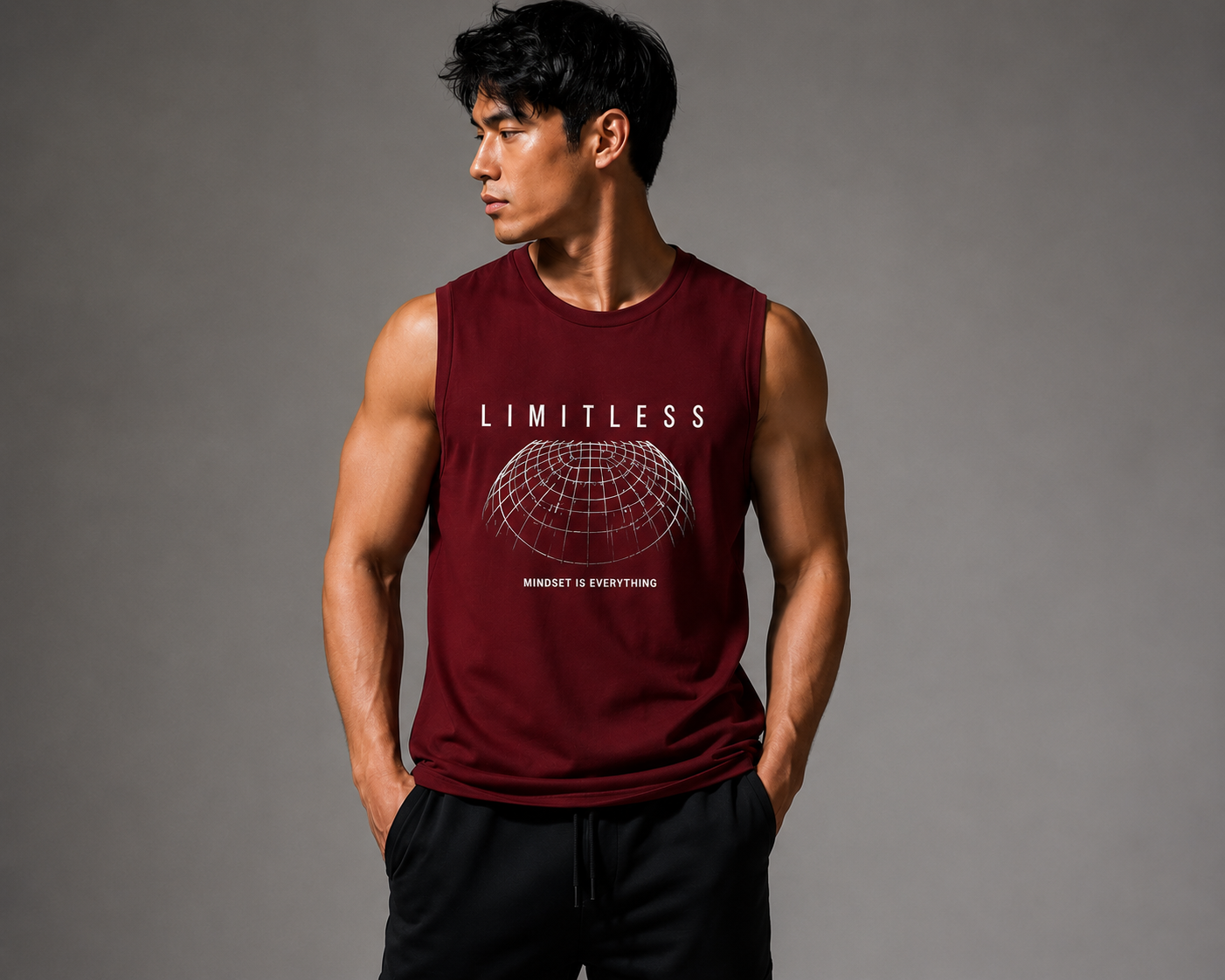 Limitless Maroon Motivational Graphic Tank Top for Men