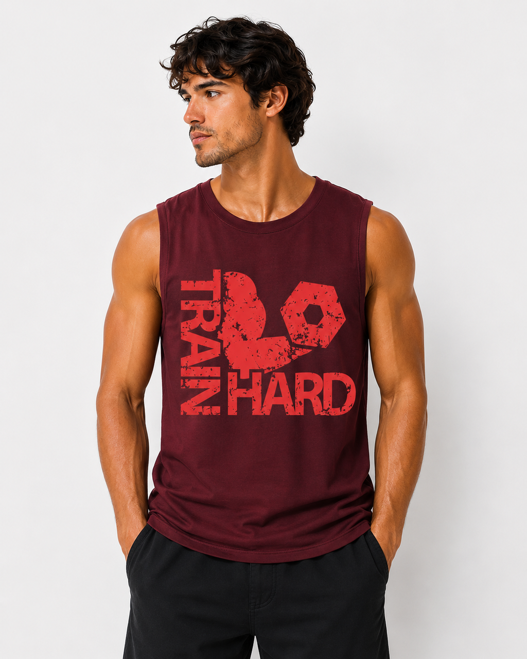 Train Hard Graphic Maroon Tank Top for Men