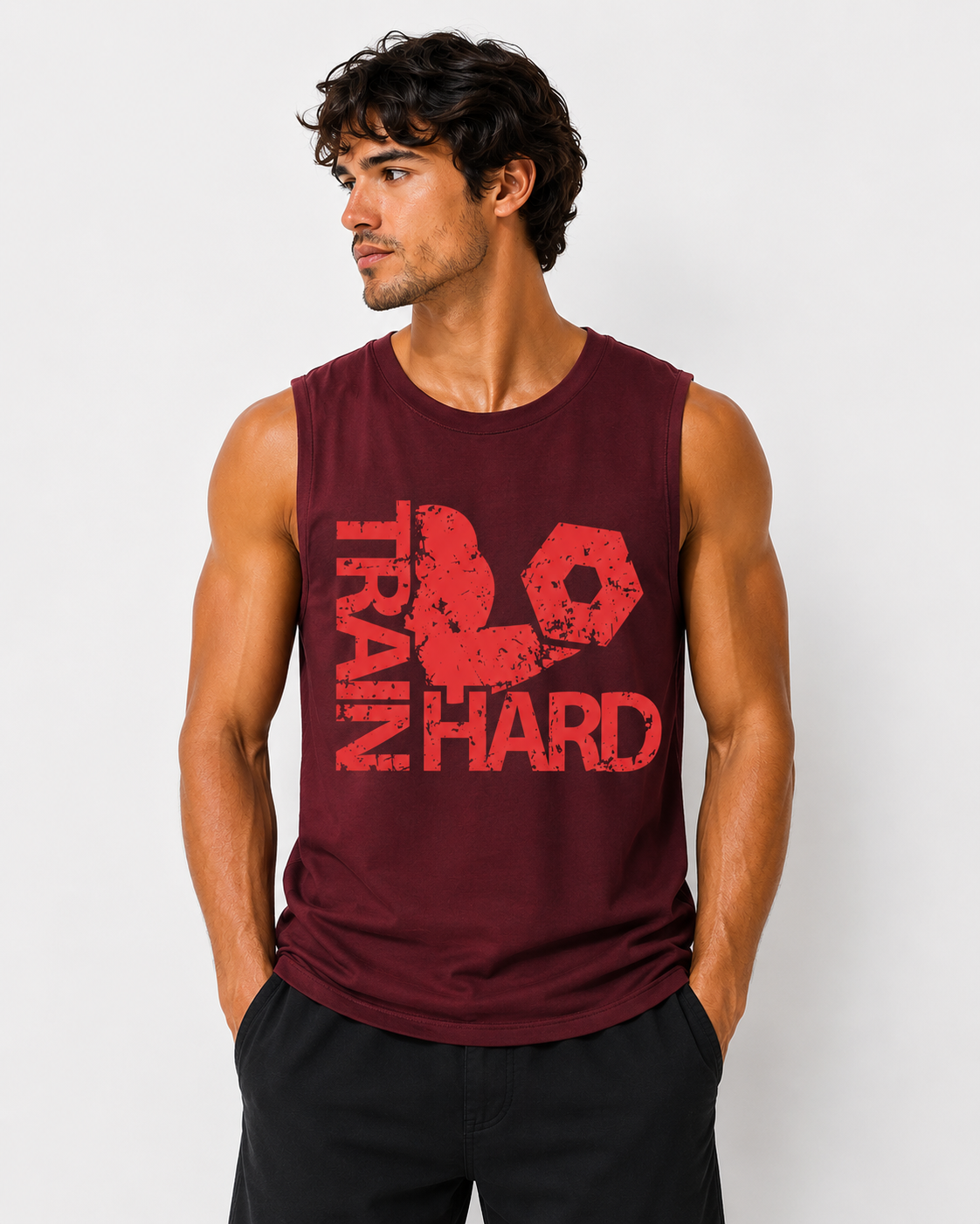 Train Hard Graphic Maroon Tank Top for Men
