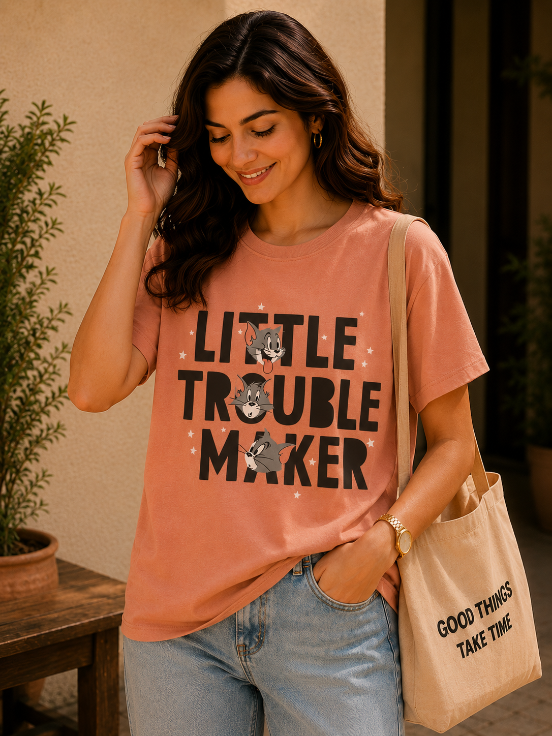 Women Little Trouble Maker Graphic T-Shirt