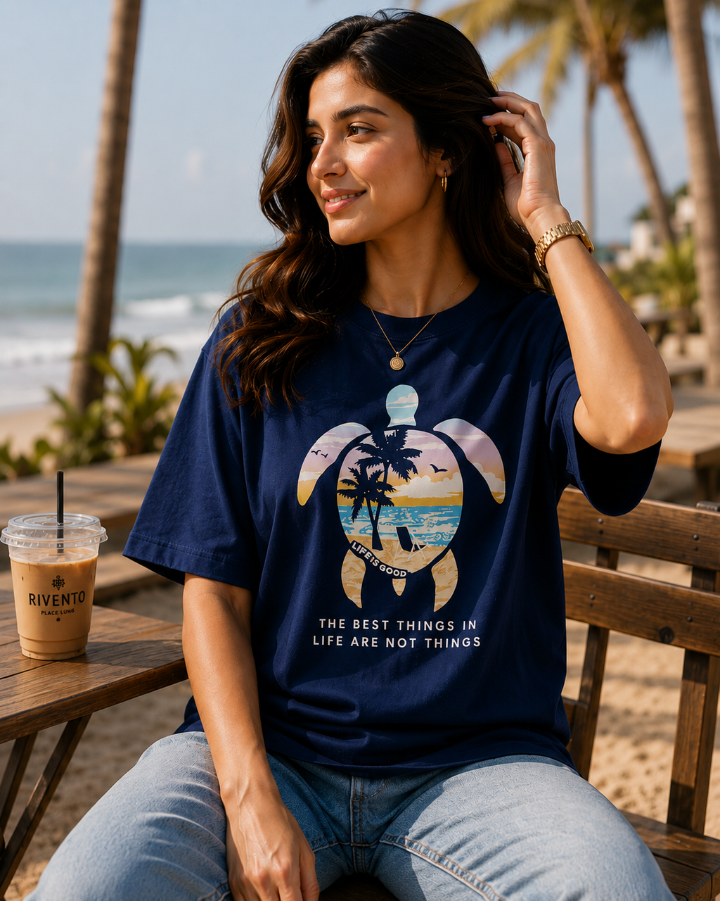 Women Coastal Turtle Paradise Oversized T-Shirt