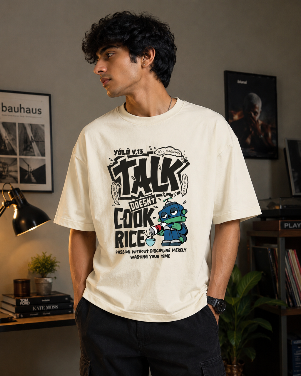 Talk Doesn't Cook Rice Graphic Oversized T-Shirt for Men