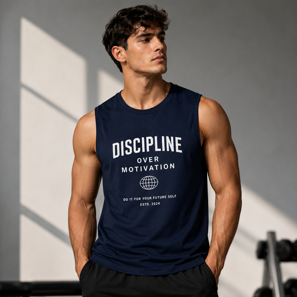 Discipline Over Motivation Navy Blue Motivational Tank Top for Men
