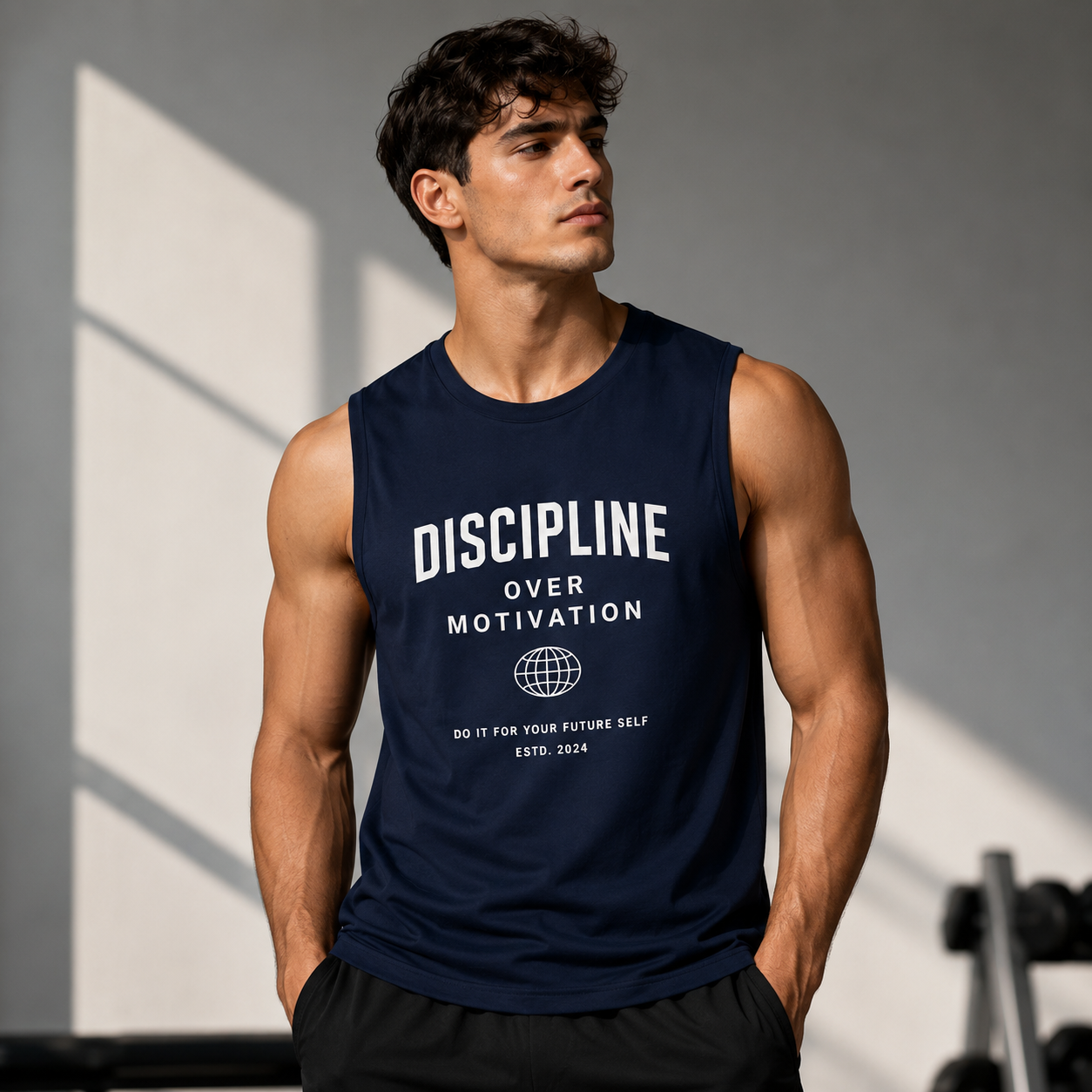 Discipline Over Motivation Navy Blue Motivational Tank Top for Men