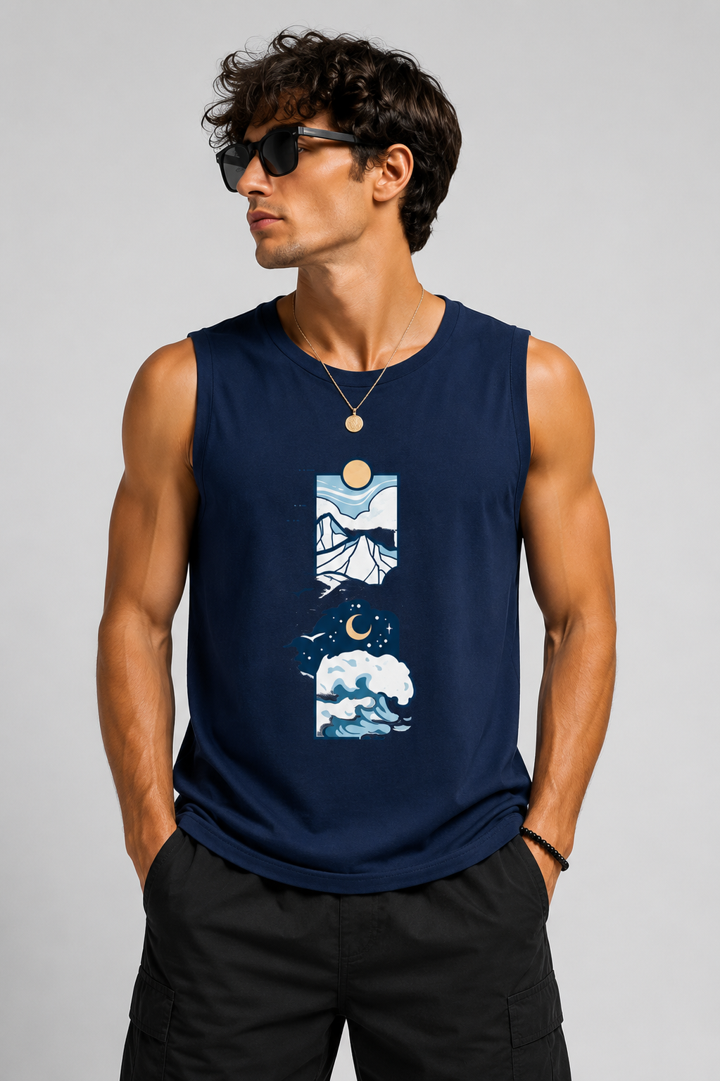 Dual Horizons Graphic Midnight Blue Tank Top for Men
