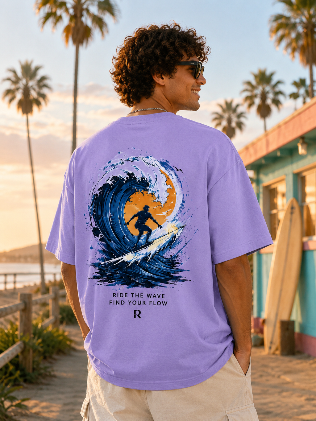 Ride The Wave Surf Graphic Back Print Oversized T-Shirt for Men