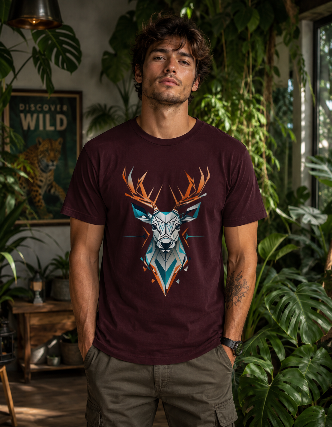 Geometric Deer Wildlife Graphic Classic Fit T-Shirt for Men