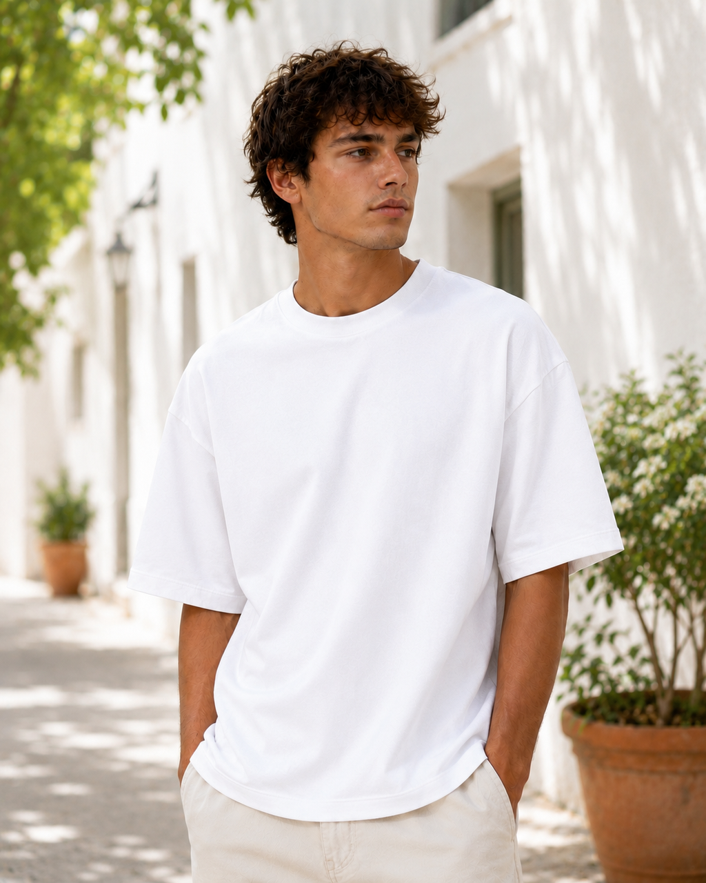 Men's Premium White Oversized Cotton Solid T-Shirt