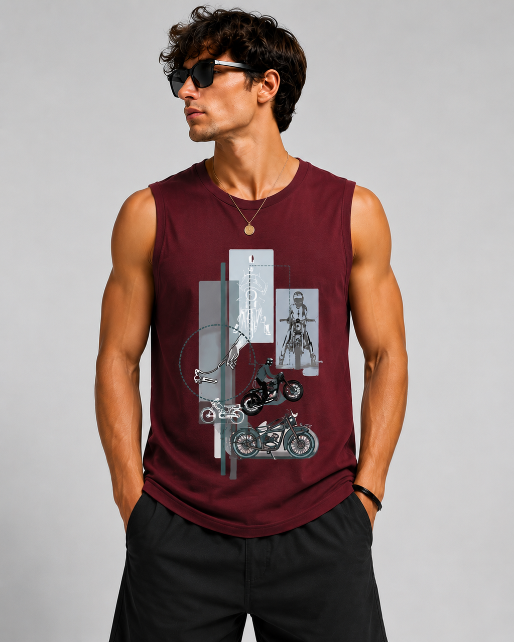 Freedom Ride Motorcycle Print Maroon Tank Top