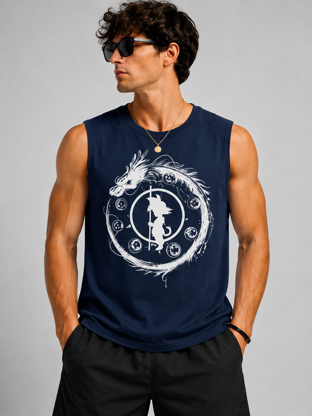 Dragon Warrior Navy Blue Anime Graphic Tank Top for Men
