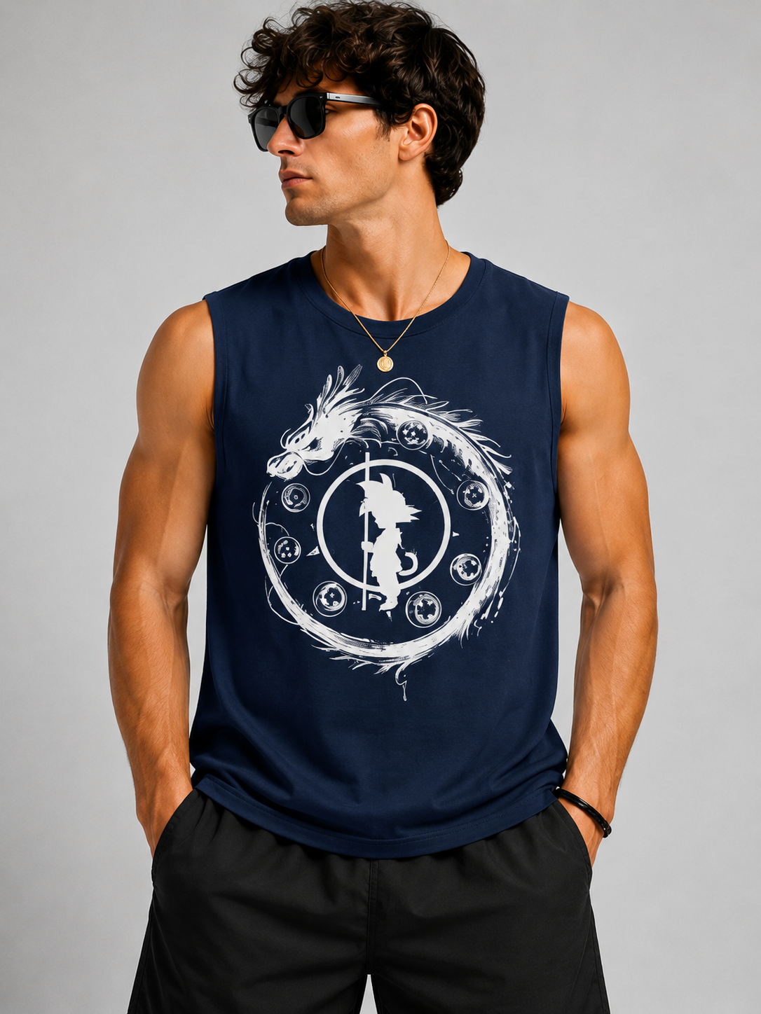 Dragon Warrior Navy Blue Anime Graphic Tank Top for Men