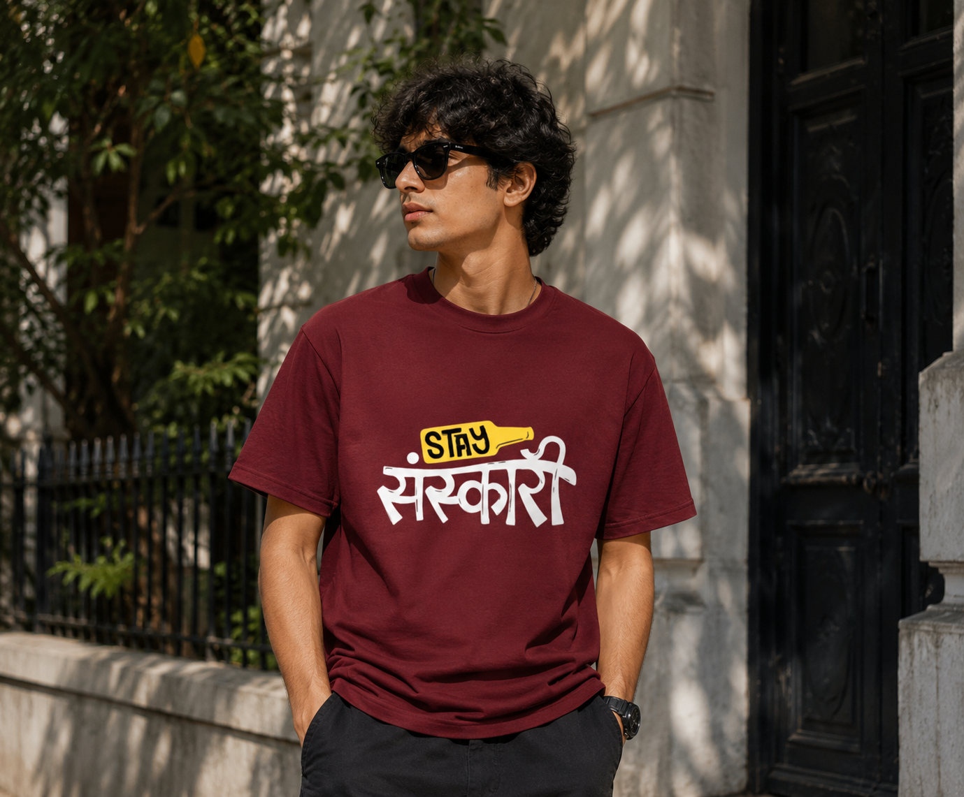 Stay Sarkari Typography Graphic Men Classic Fit T-Shirt