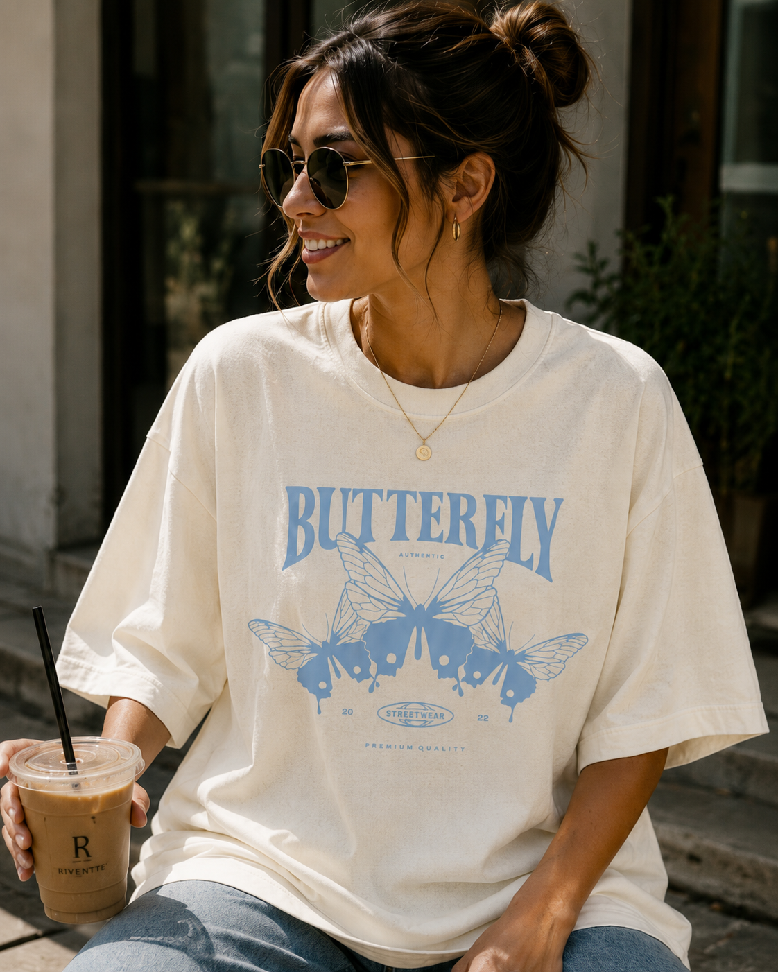Women Blue Butterfly Graphic Oversized T-Shirt