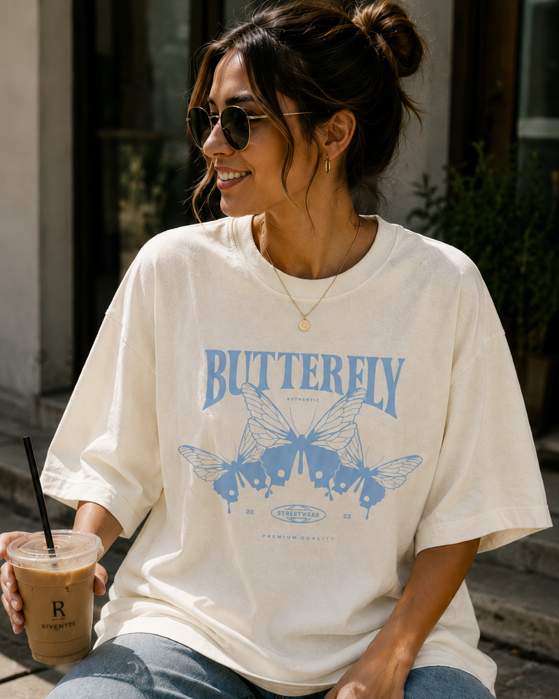 Women Blue Butterfly Graphic Oversized T-Shirt