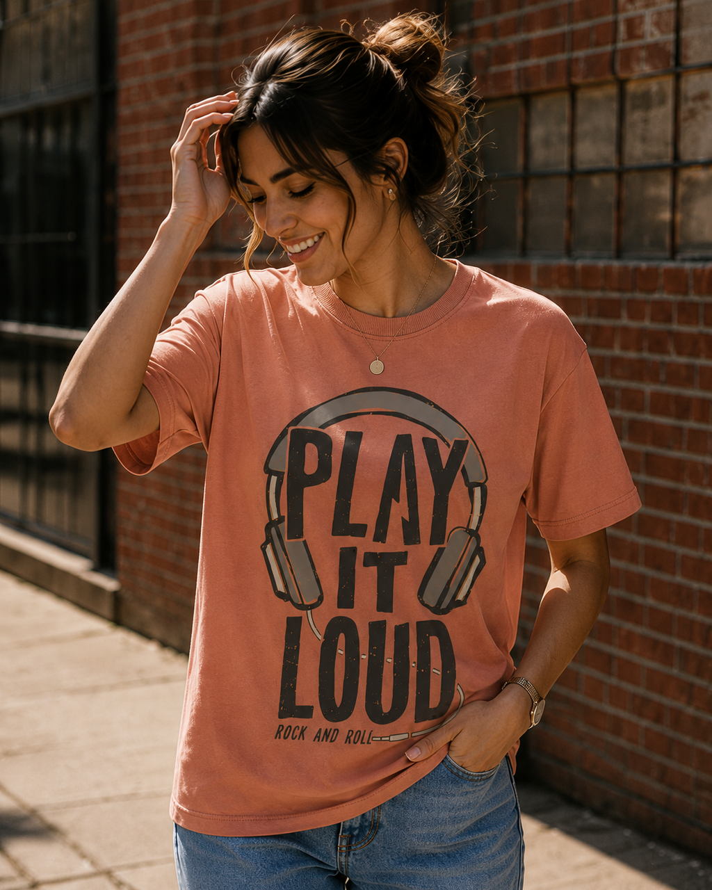Women Rock And Roll Headphones Casual T-Shirt