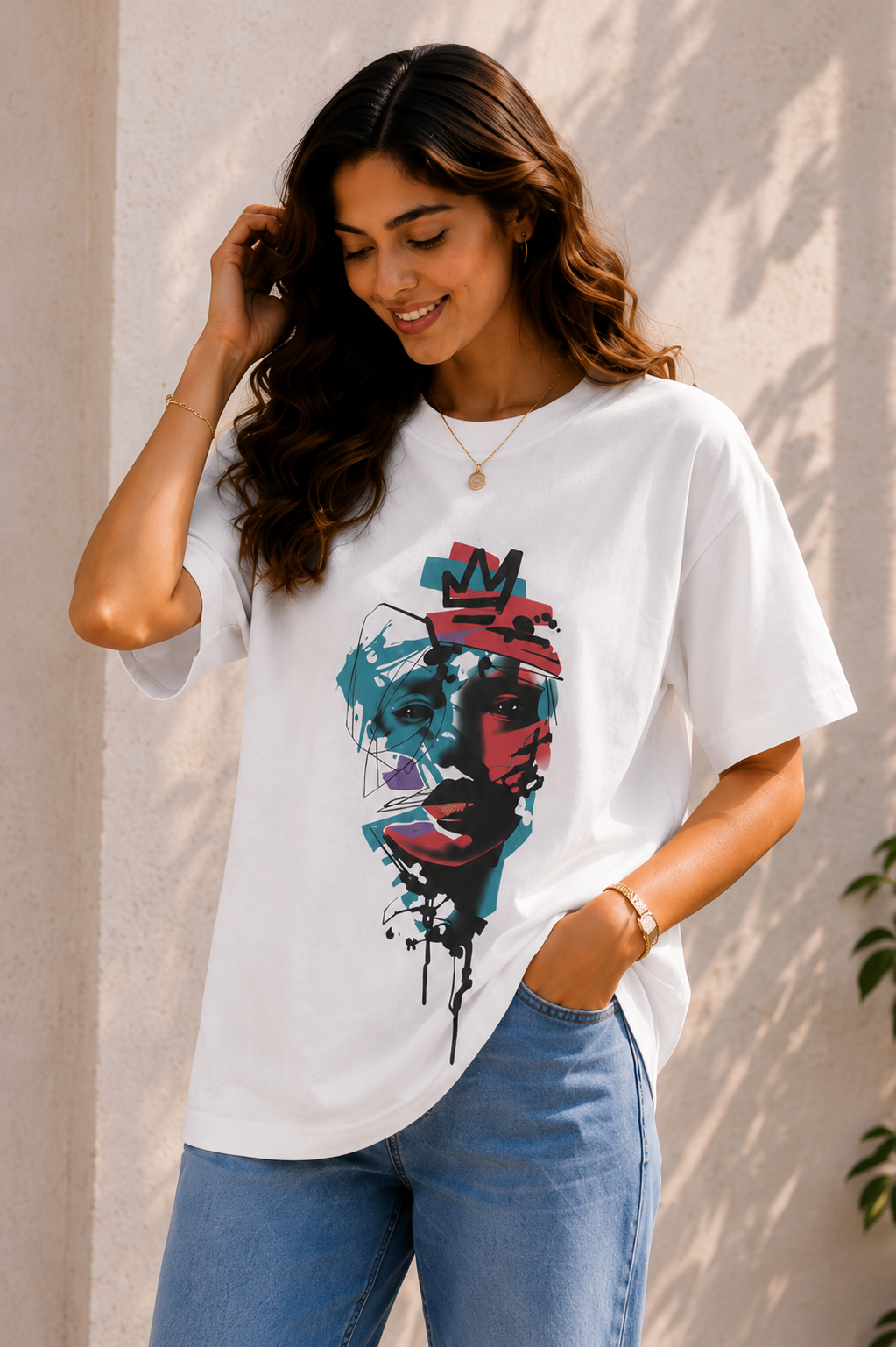 Women Urban Crown Abstract Face Oversized Graphic T-Shirt