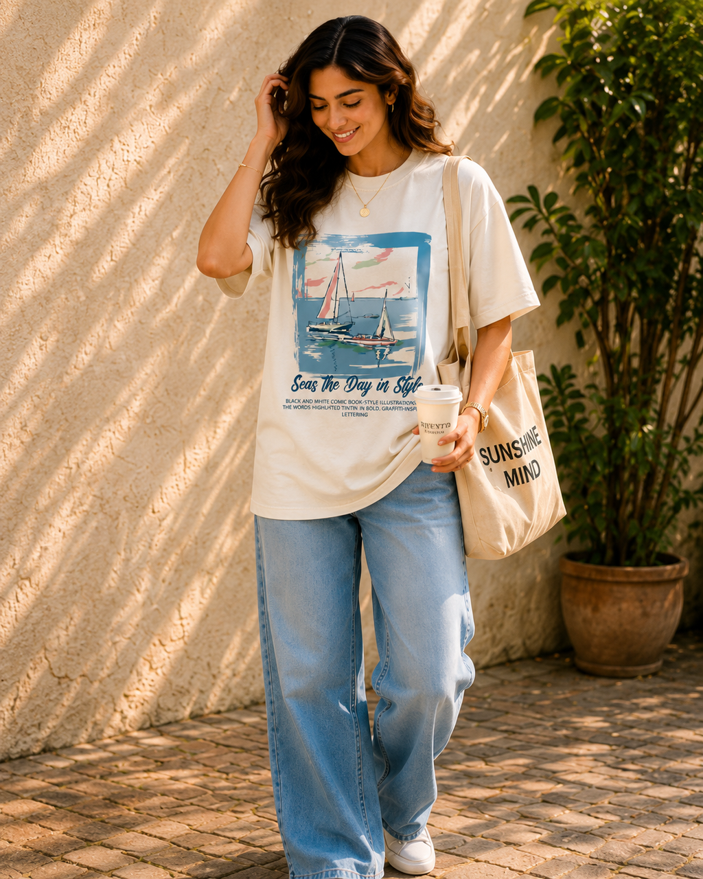 Women Seas the Day Sailboat Graphic Oversized T-Shirt
