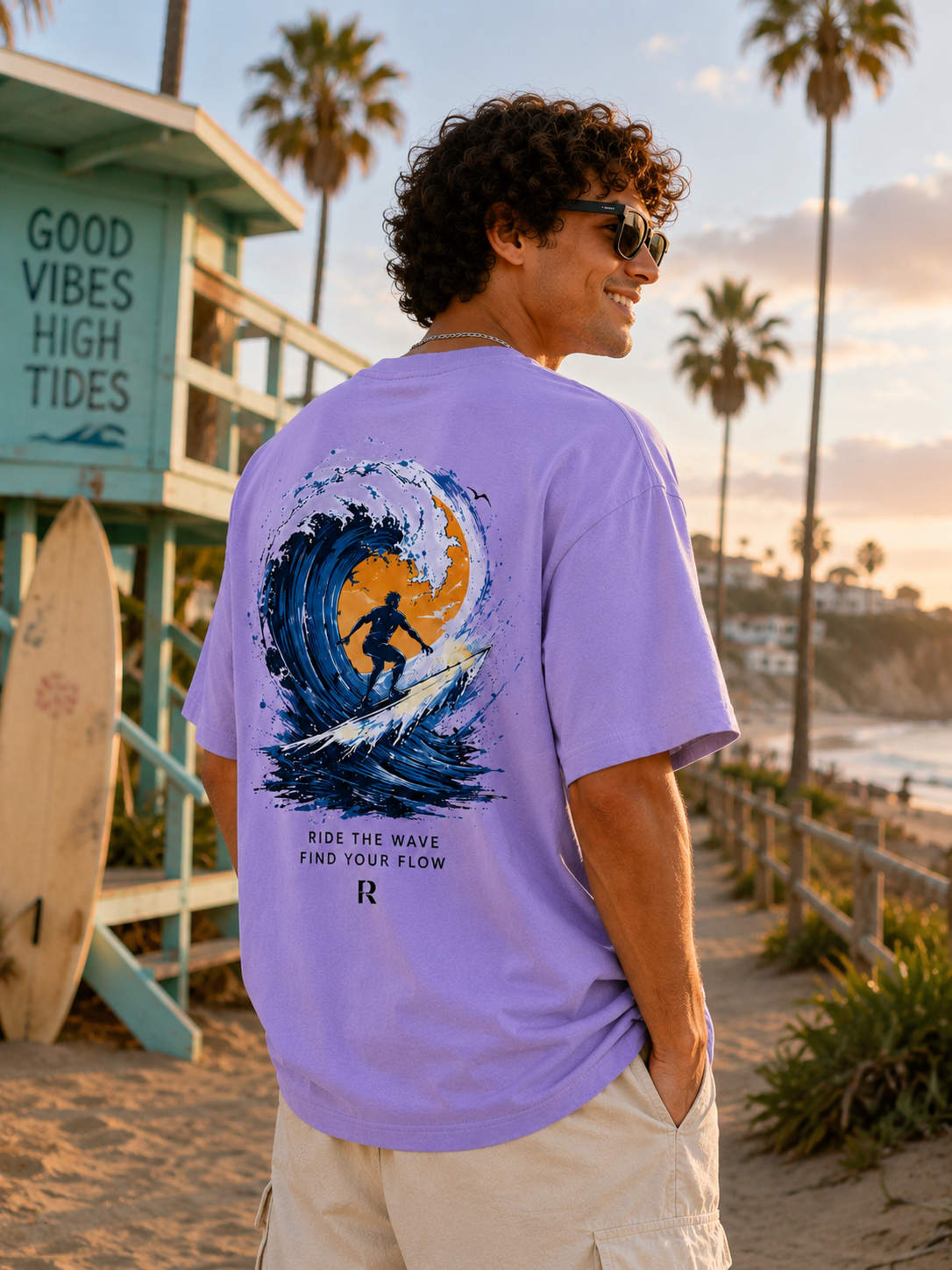 Ride The Wave Surf Graphic Back Print Oversized T-Shirt for Men
