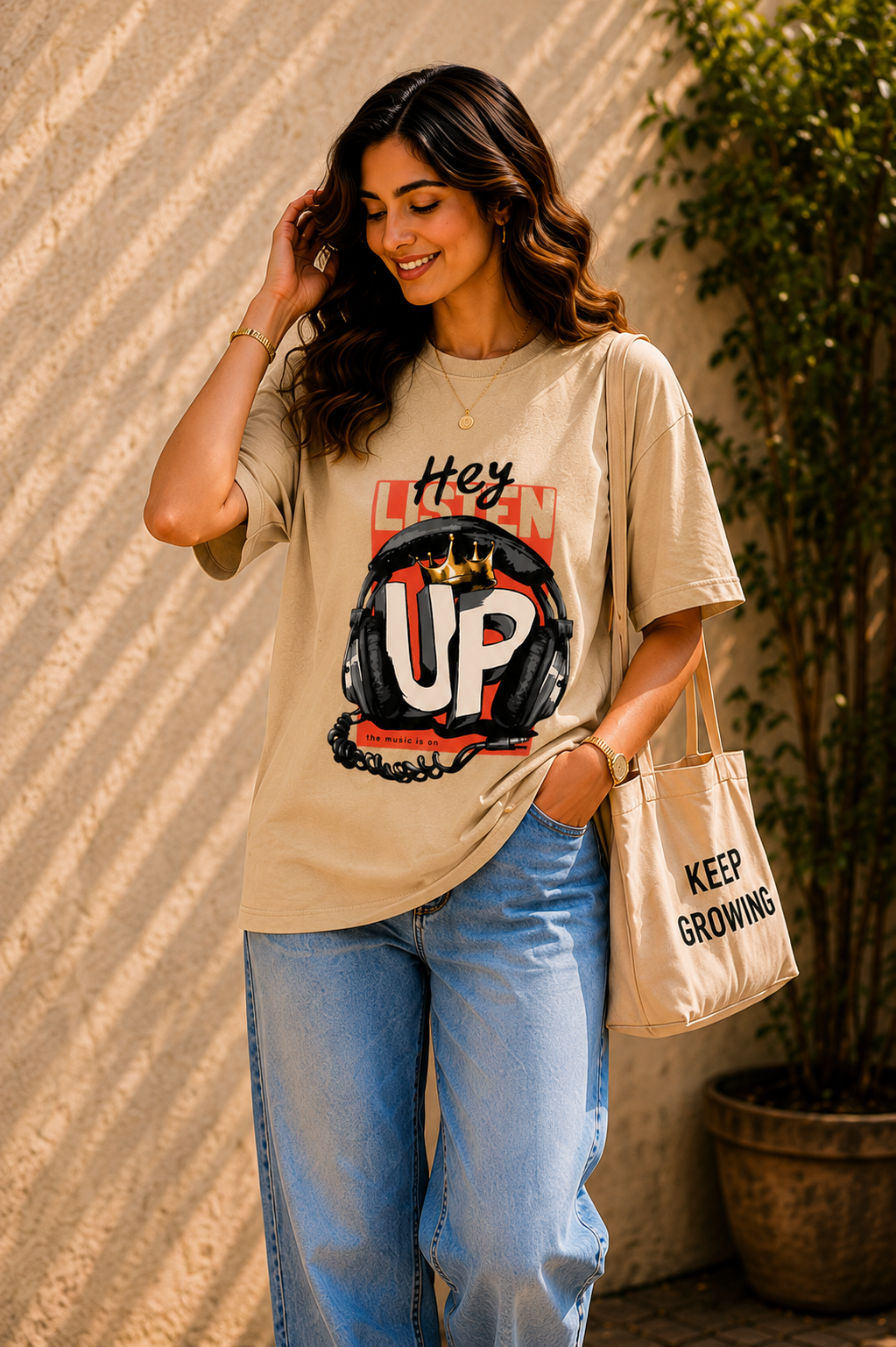 Women Urban Beats Headphone Oversized Tee