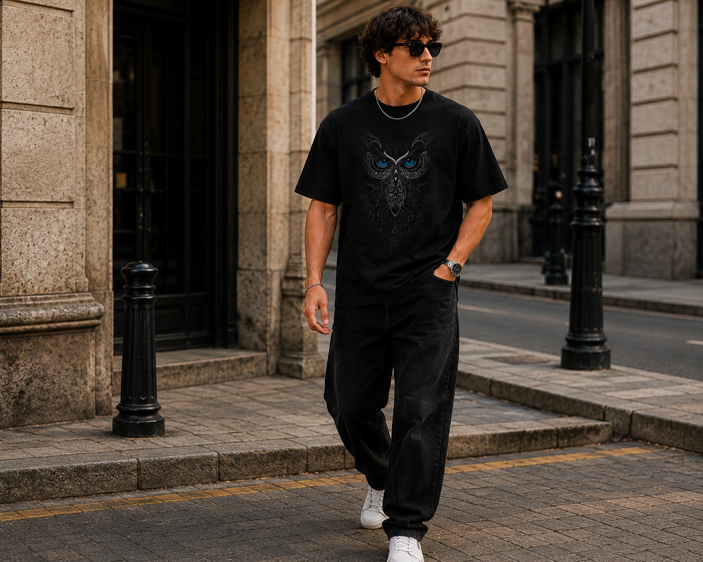 Midnight Guardian Owl Oversized Graphic T-Shirt for Men