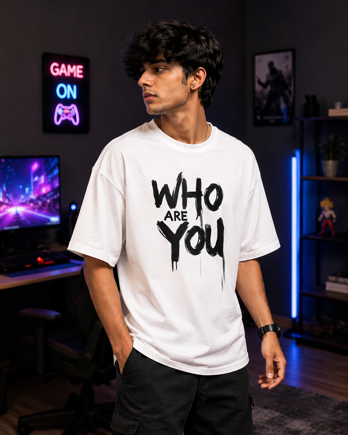 Who Are You Typography Graphic Oversized T-Shirt for Men