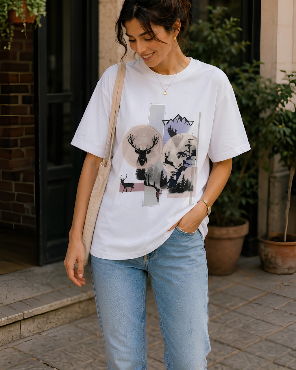 Women Mountain Deer Wilderness Oversized T-Shirt