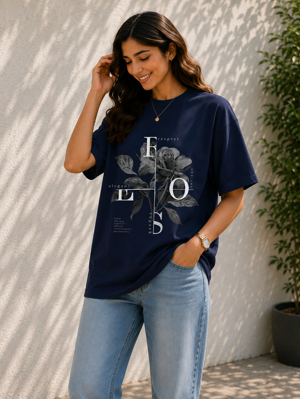 Women Monochrome Rose Aesthetic Oversized T-Shirt