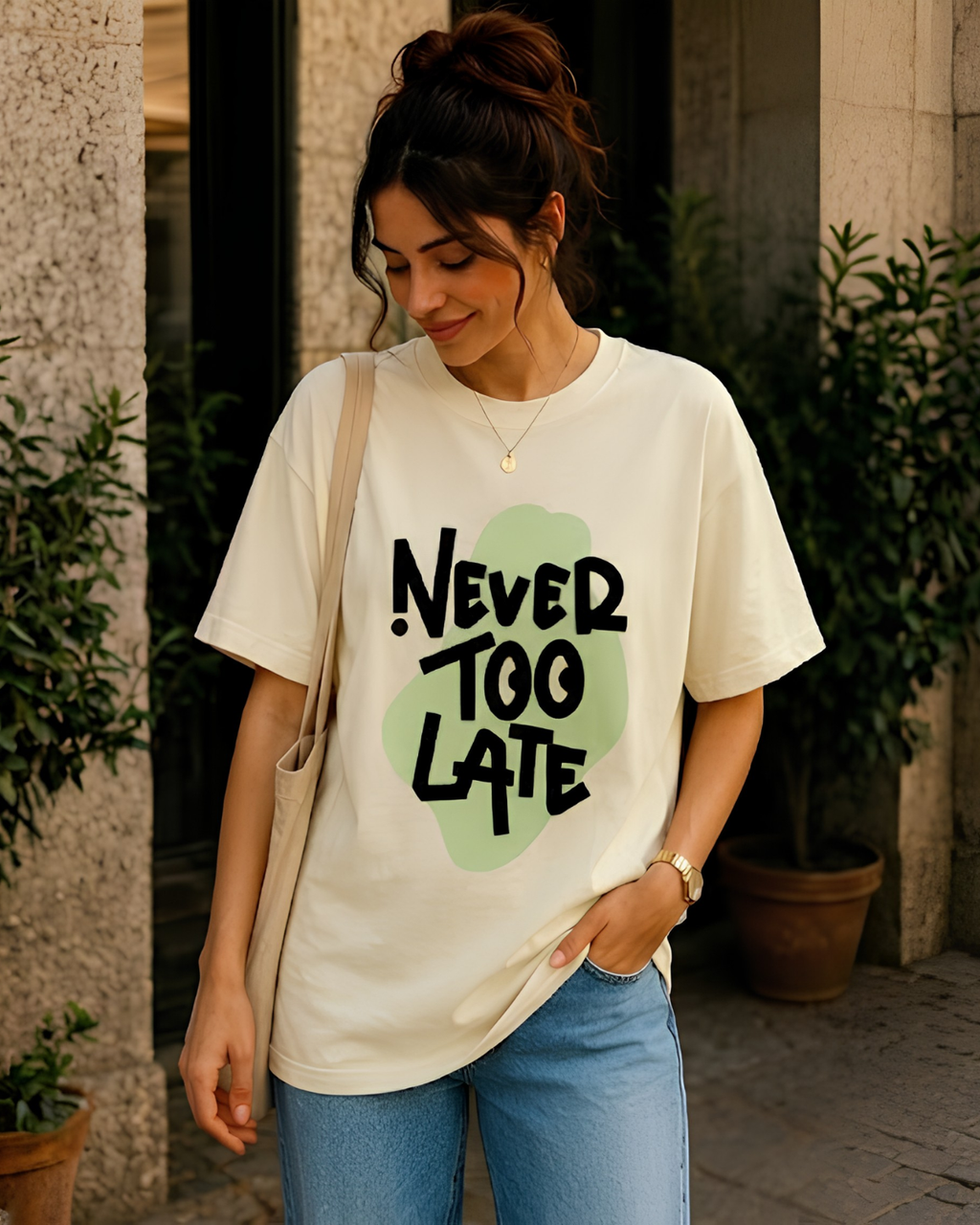Women Never Too Late Motivational Oversized T-Shirt