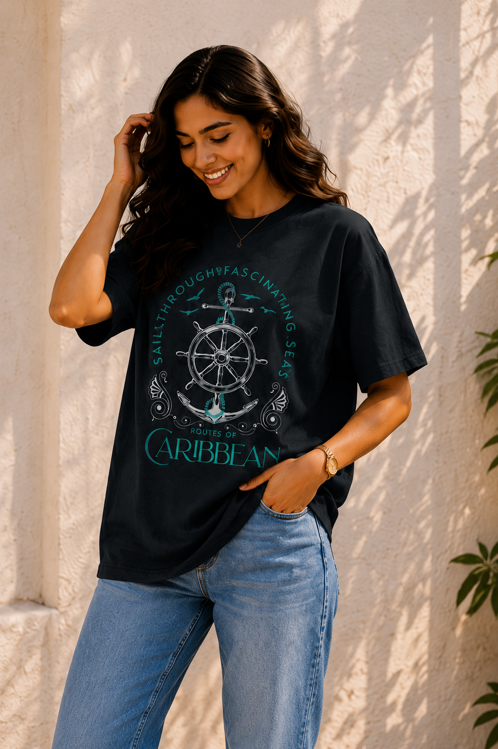 Women Routes Of Caribbean Sailing Oversized Graphic T-Shirt