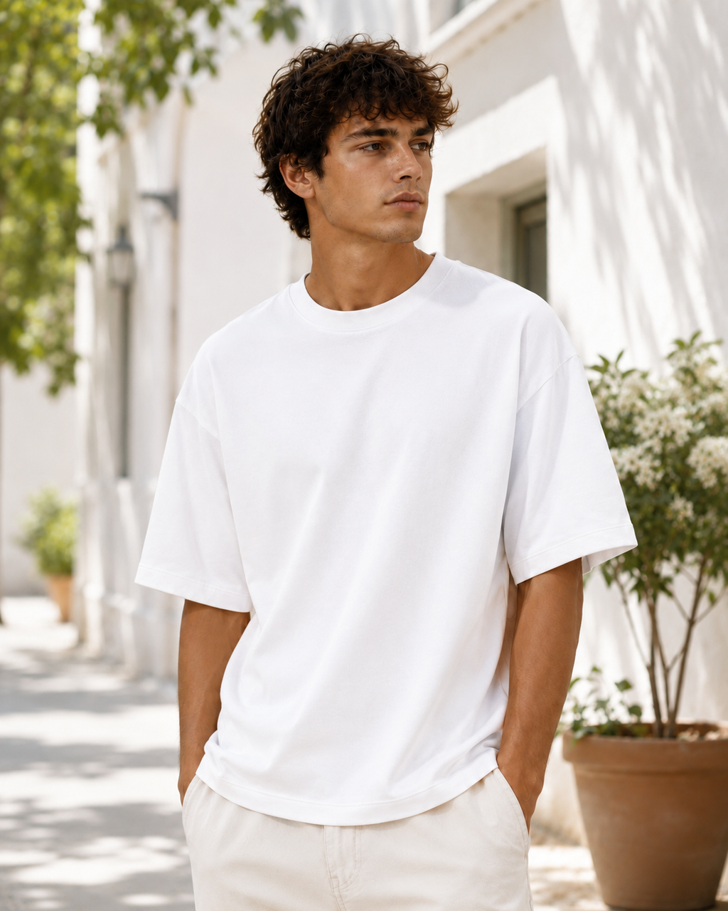 Men's Premium White Oversized Cotton Solid T-Shirt