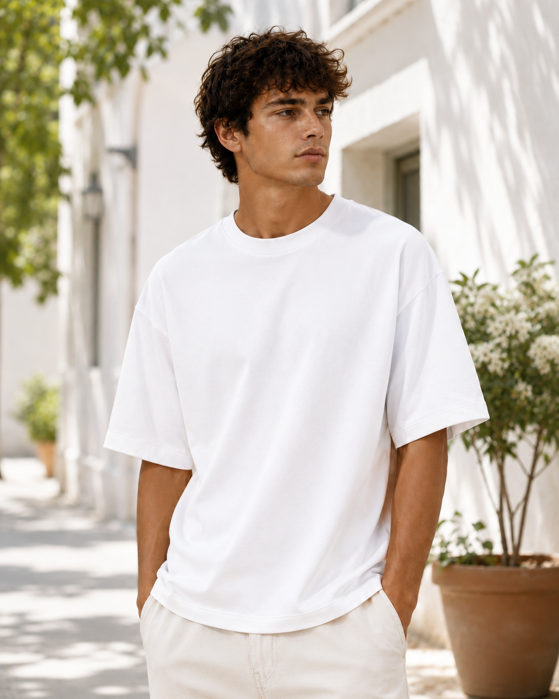 Men's Premium White Oversized Cotton Solid T-Shirt