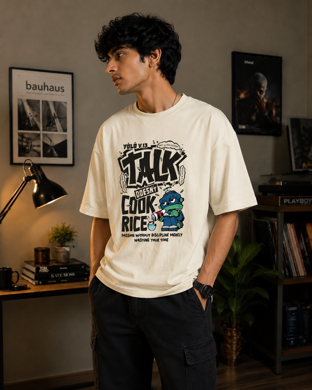 Talk Doesn't Cook Rice Graphic Oversized T-Shirt for Men